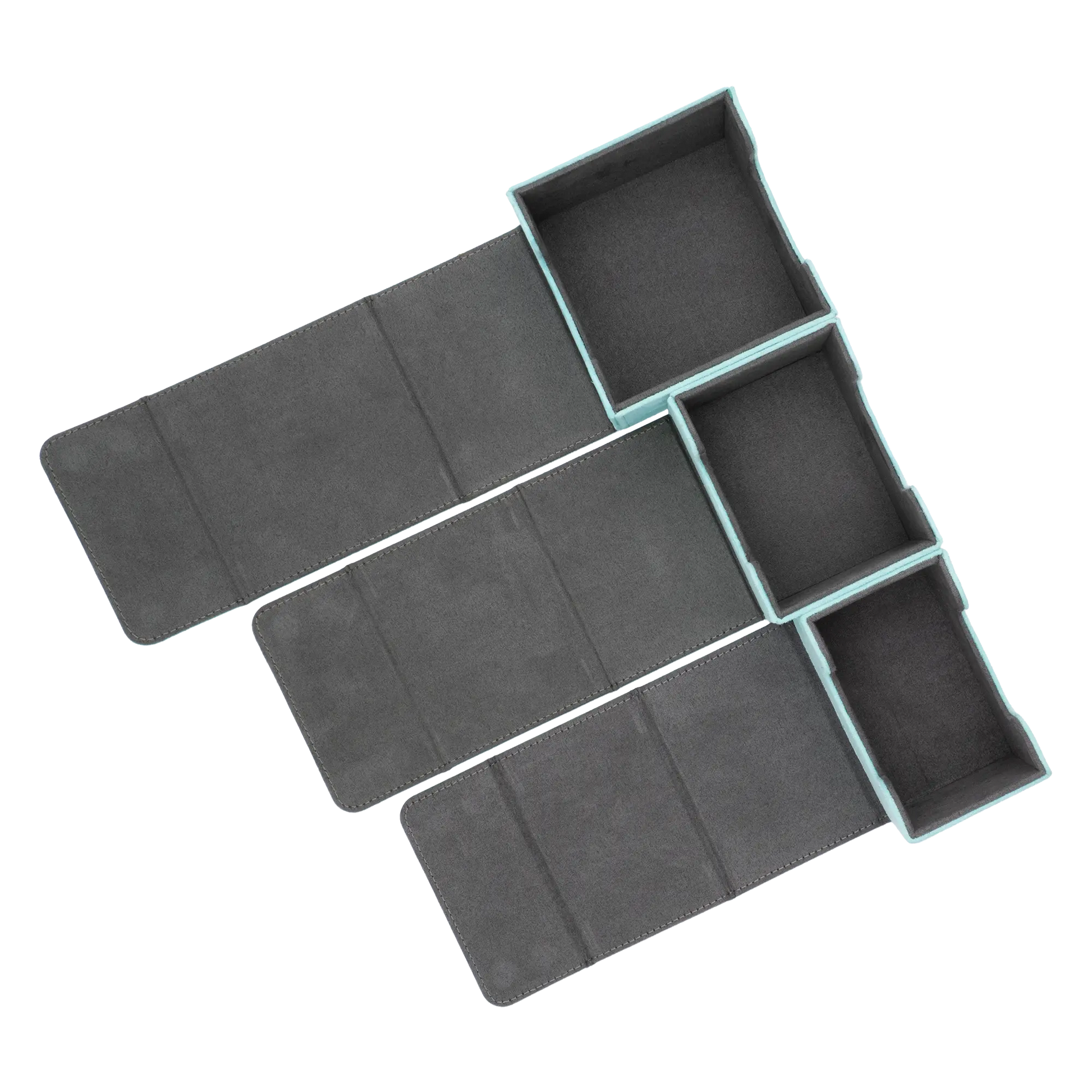 comparison of turquoise 80, 100 and 133 resiplush cardcoves deck boxes with magnetic cover and extra-wide interior for outer sleeves that fits double- and single-sleeved tcg trading cards