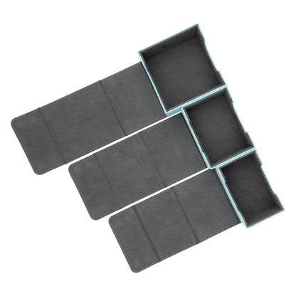 comparison of turquoise 80, 100 and 133 resiplush cardcoves deck boxes with magnetic cover and extra-wide interior for outer sleeves that fits double- and single-sleeved tcg trading cards