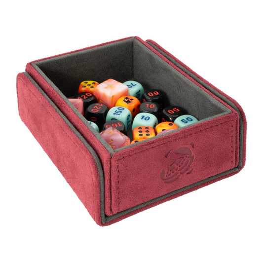 open wine red soft resiplush tokencove box for dice, tokens and counters or sleeved tcg trading cards filled with various dice and with removable, magnetic cover clipped to bottom