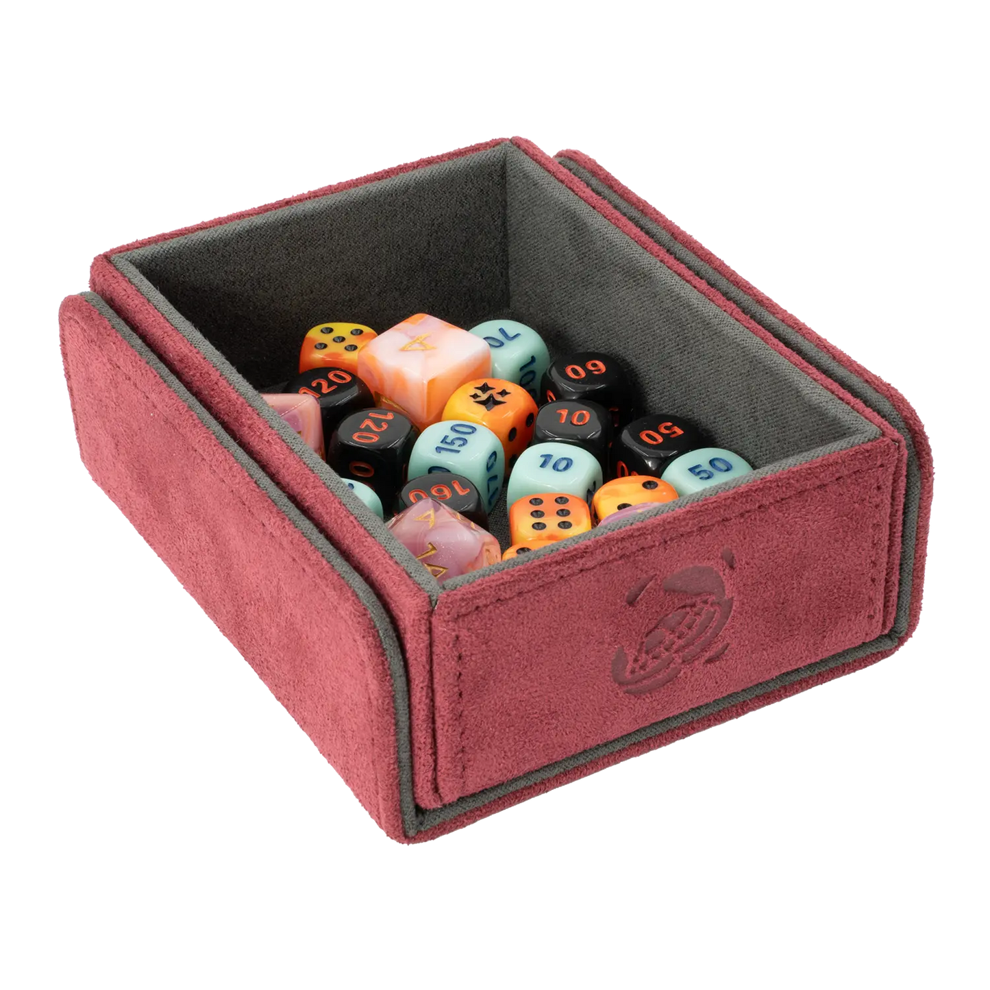 Resiplush TokenCove Wine Red open dice and token box filled with colorful dice for trading card and tabletop games