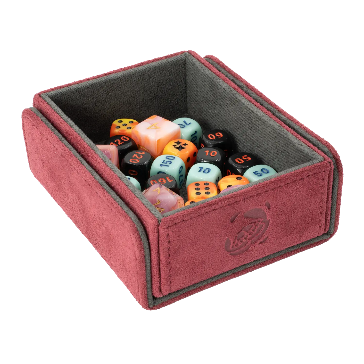 Resiplush TokenCove Wine Red open dice and token box filled with colorful dice for trading card and tabletop games