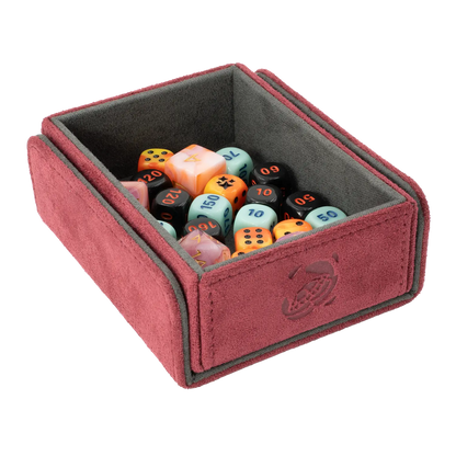 Resiplush TokenCove Wine Red open dice and token box filled with colorful dice for trading card and tabletop games