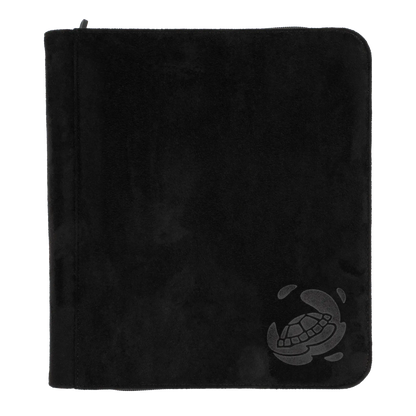 black soft resiplush toplaoder zip-up album binder with 8 sideloading pockets per page, 2x2 layout, 20 double-sided, black pages and secure zipper for 160 toploaders for standard and japanese size tcg trading cards