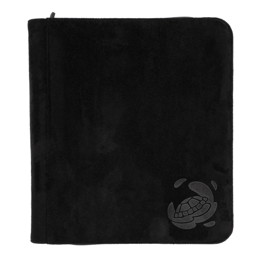 black soft resiplush toplaoder zip-up album binder with 8 sideloading pockets per page, 2x2 layout, 20 double-sided, black pages and secure zipper for 160 toploaders for standard and japanese size tcg trading cards