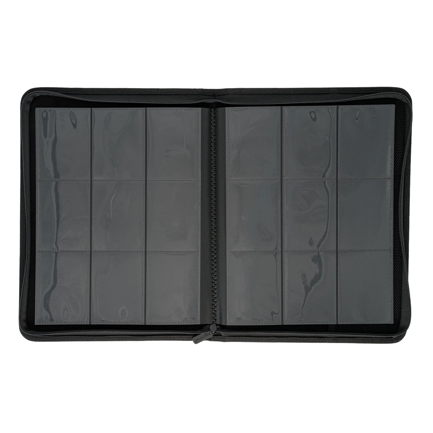 full inside view of empty resiplush zip-up album binder for standard and japanese size tcg trading cards with 18 sideloading pockets, 20 double-sided, black pages and 3 extra mesh pockets for toploader card shields or magnetic card holders