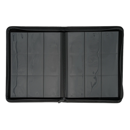 full inside view of empty resiplush zip-up album binder for standard and japanese size tcg trading cards with 18 sideloading pockets, 20 double-sided, black pages and 3 extra mesh pockets for toploader card shields or magnetic card holders