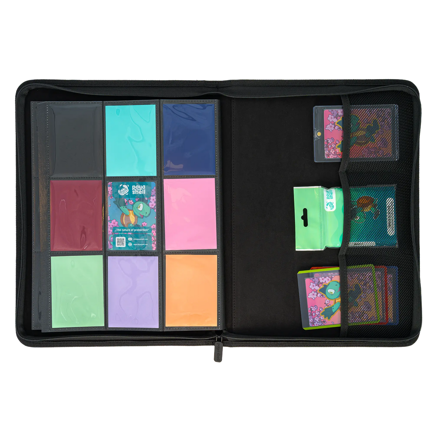 full inside view of filled resiplush zip-up album binder for standard and japanese size tcg trading cards with 18 sideloading pockets, 20 double-sided, black pages and 3 extra mesh pockets for toploader card shields or magnetic card holders
