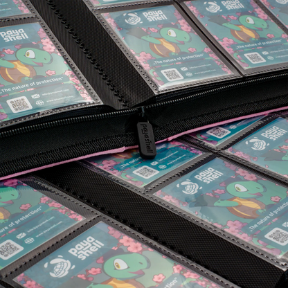 inside view of cards in resiplush zip-up album binder for standard and japanese size tcg trading cards with 24 sideloading pockets, 20 double-sided, black pages and 3 extra mesh pockets for toploader card shields or magnetic card holders