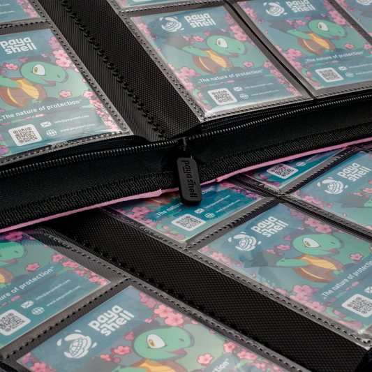 inside view of cards in resiplush zip-up album binder for standard and japanese size tcg trading cards with 24 sideloading pockets, 20 double-sided, black pages and 3 extra mesh pockets for toploader card shields or magnetic card holders