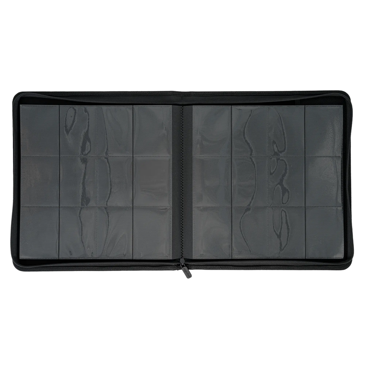 full inside view of empty resiplush zip-up album binder for standard and japanese size tcg trading cards with 24 sideloading pockets, 20 double-sided, black pages and 3 extra mesh pockets for toploader card shields or magnetic card holders