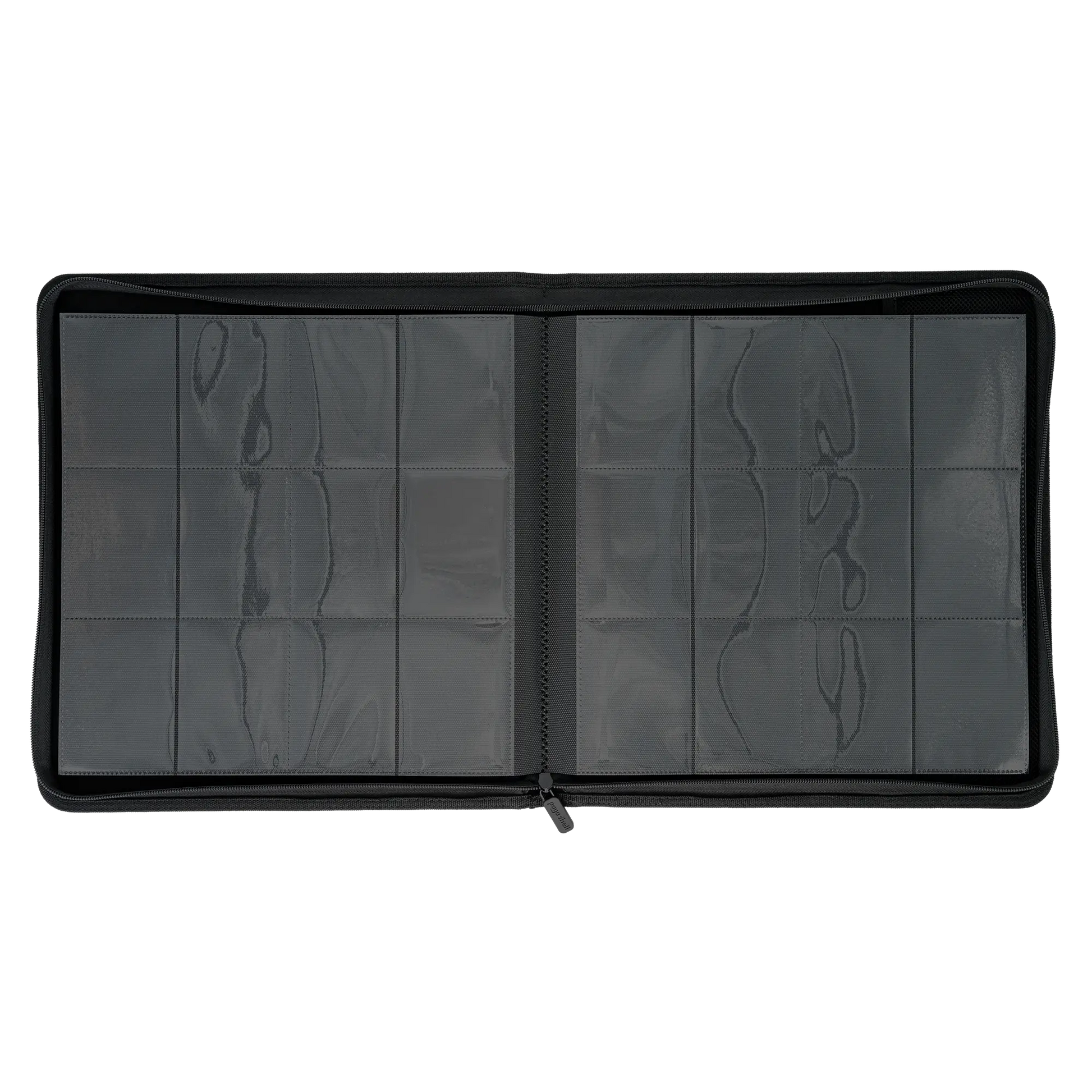 full inside view of empty resiplush zip-up album binder for standard and japanese size tcg trading cards with 24 sideloading pockets, 20 double-sided, black pages and 3 extra mesh pockets for toploader card shields or magnetic card holders