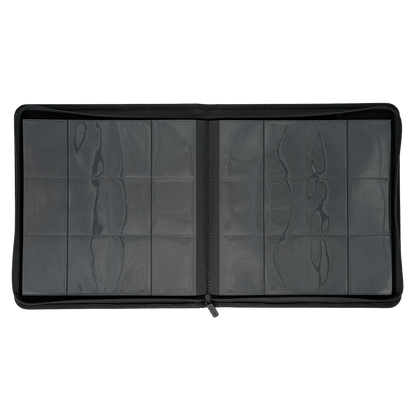 full inside view of empty resiplush zip-up album binder for standard and japanese size tcg trading cards with 24 sideloading pockets, 20 double-sided, black pages and 3 extra mesh pockets for toploader card shields or magnetic card holders