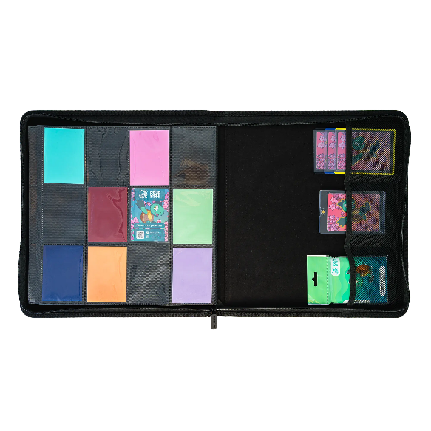 full inside view of filled resiplush zip-up album binder for standard and japanese size tcg trading cards with 24 sideloading pockets, 20 double-sided, black pages and 3 extra mesh pockets for toploader card shields or magnetic card holders