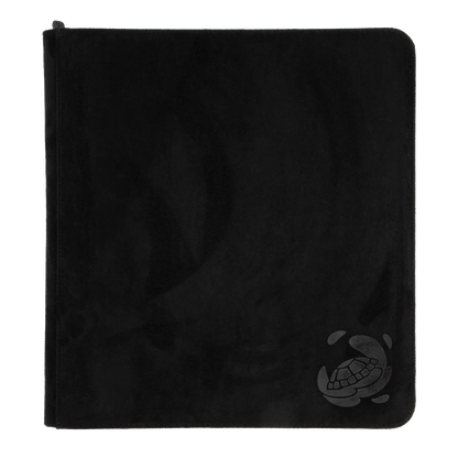 black soft resiplush zip-up album binder with 24 sideloading pockets per page, 4x3 layout, 20 double-sided, black pages, 3 extra mesh pockets for toploaders, magnetic card holders and sleeves and secure zipper for 480 standard and japanese size tcg trading cards