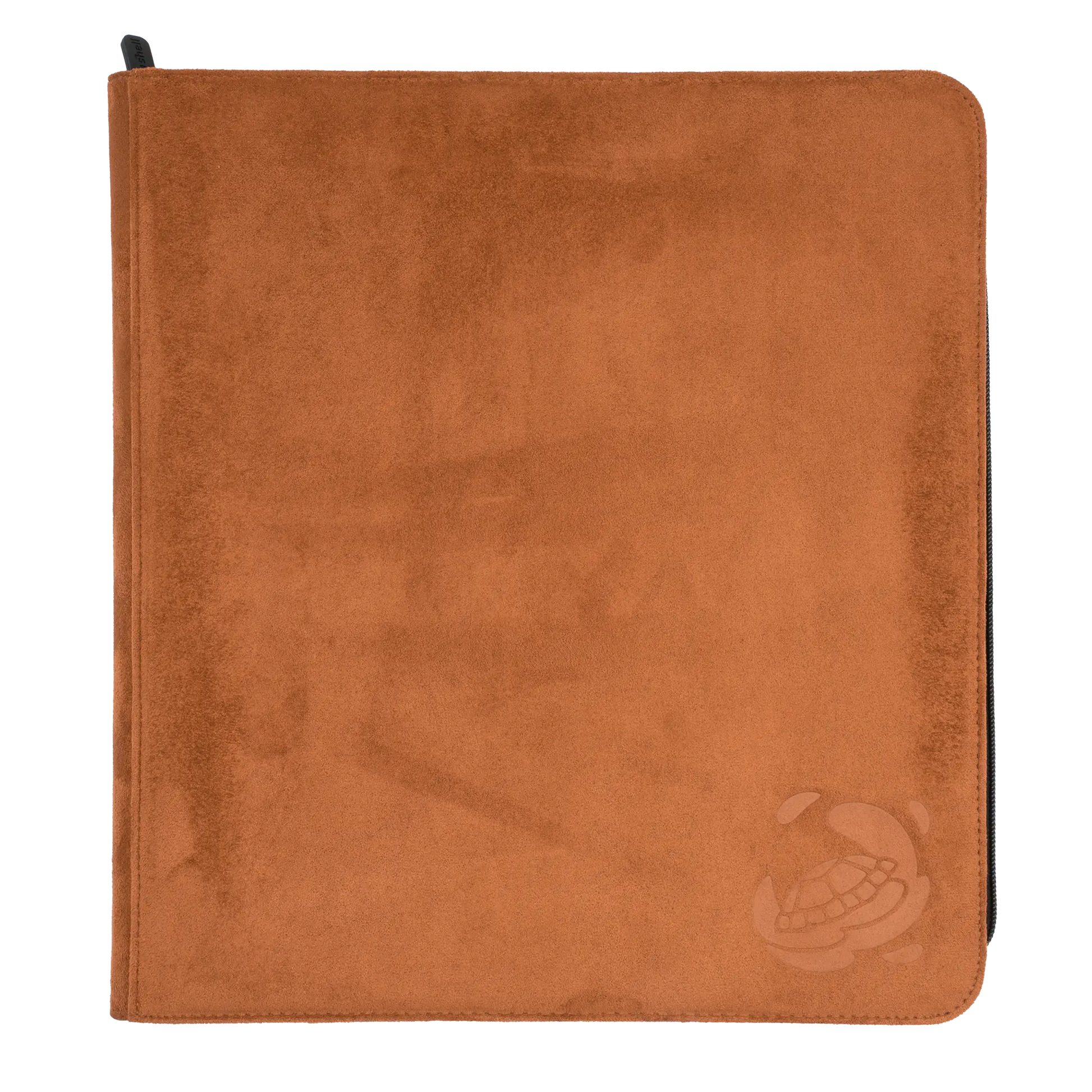 brown soft resiplush zip-up album binder with 24 sideloading pockets per page, 4x3 layout, 20 double-sided, black pages, 3 extra mesh pockets for toploaders, magnetic card holders and sleeves and secure zipper for 480 standard and japanese size tcg trading cards