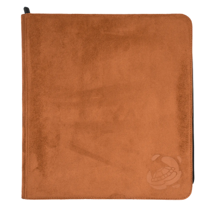 brown soft resiplush zip-up album binder with 24 sideloading pockets per page, 4x3 layout, 20 double-sided, black pages, 3 extra mesh pockets for toploaders, magnetic card holders and sleeves and secure zipper for 480 standard and japanese size tcg trading cards