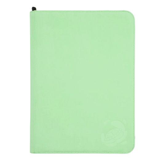 pastel green soft resiplush zip-up album binder with 18 sideloading pockets per page, 3x3 layout, 20 double-sided, black pages, 3 extra mesh pockets for toploaders, magnetic card holders and sleeves and secure zipper for 360 standard and japanese size tcg trading cards