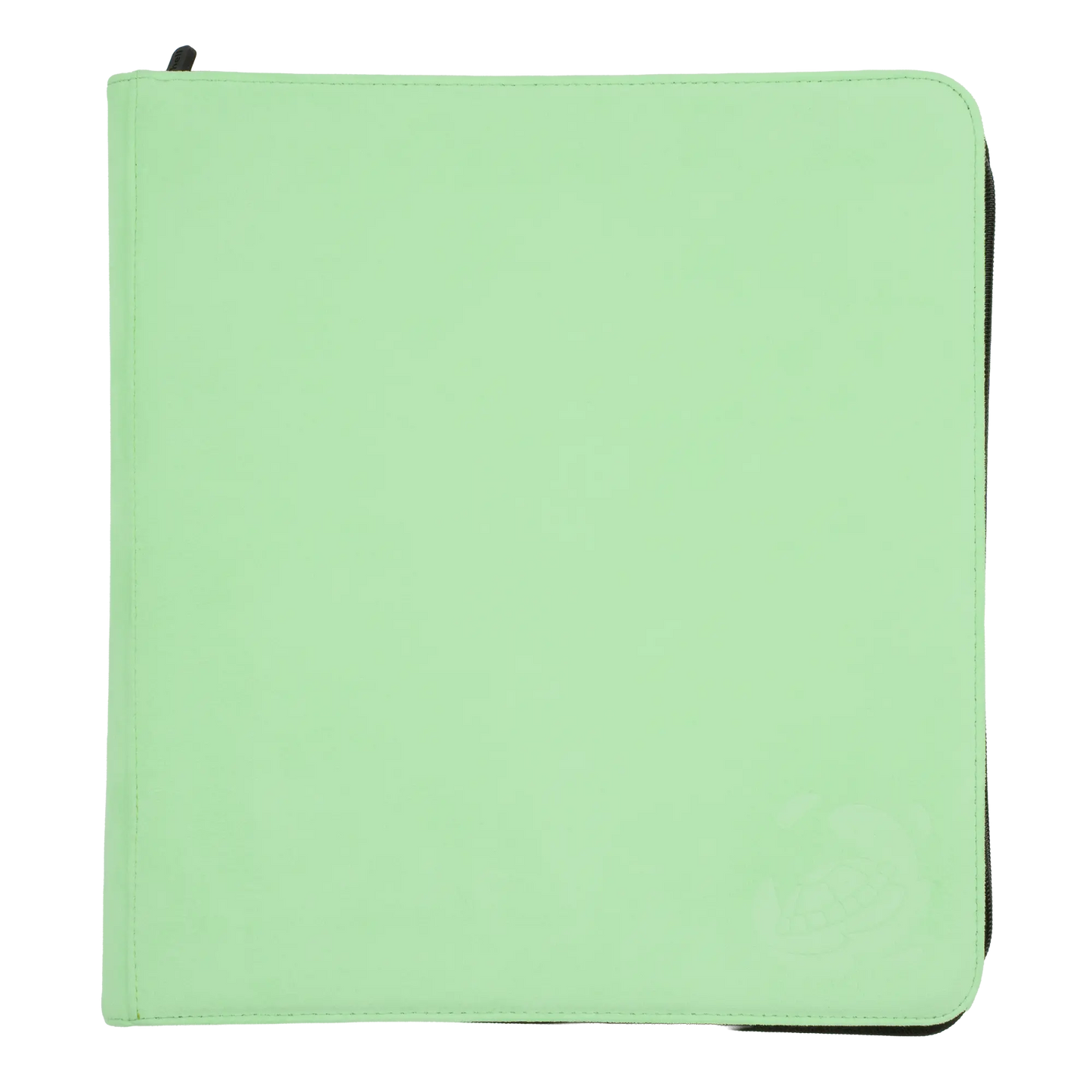 pastel green soft resiplush zip-up album binder with 8 sideloading pockets per page, 2x2 layout, 20 double-sided, black pages, 3 extra mesh pockets for toploaders, magnetic card holders and sleeves and secure zipper for 480 standard and japanese size tcg trading cards