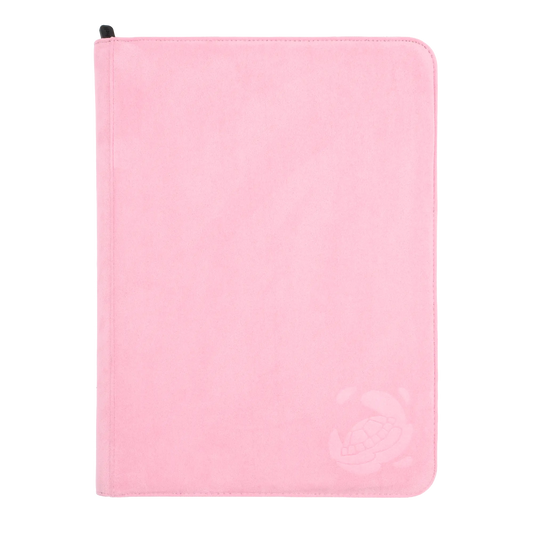 pastel pink soft resiplush zip-up album binder with 18 sideloading pockets per page, 3x3 layout, 20 double-sided, black pages, 3 extra mesh pockets for toploaders, magnetic card holders and sleeves and secure zipper for 360 standard and japanese size tcg trading cards