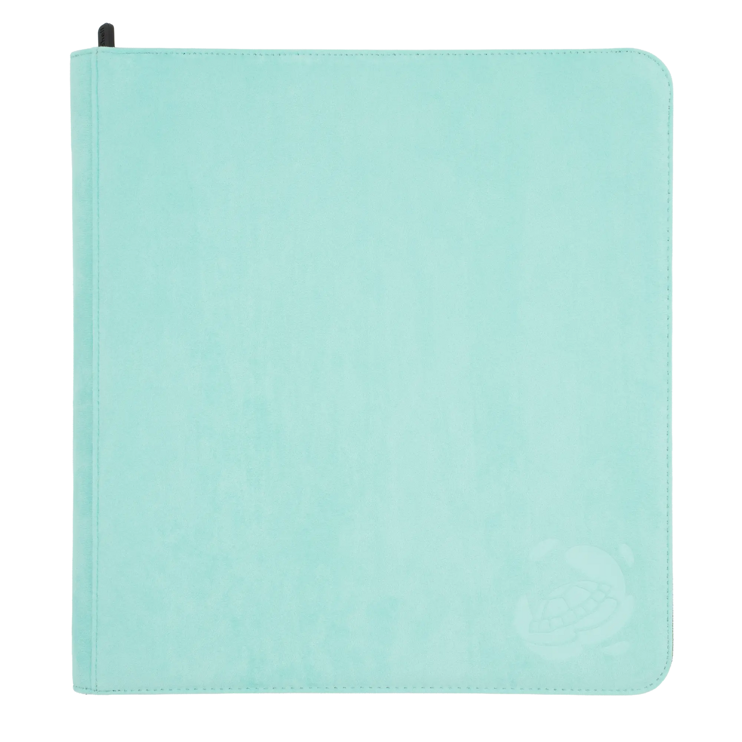 turquoise soft resiplush zip-up album binder with 24 sideloading pockets per page, 4x3 layout, 20 double-sided, black pages, 3 extra mesh pockets for toploaders, magnetic card holders and sleeves and secure zipper for 480 standard and japanese size tcg trading cards
