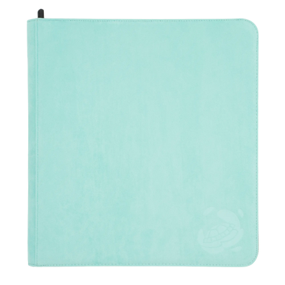 turquoise soft resiplush zip-up album binder with 24 sideloading pockets per page, 4x3 layout, 20 double-sided, black pages, 3 extra mesh pockets for toploaders, magnetic card holders and sleeves and secure zipper for 480 standard and japanese size tcg trading cards