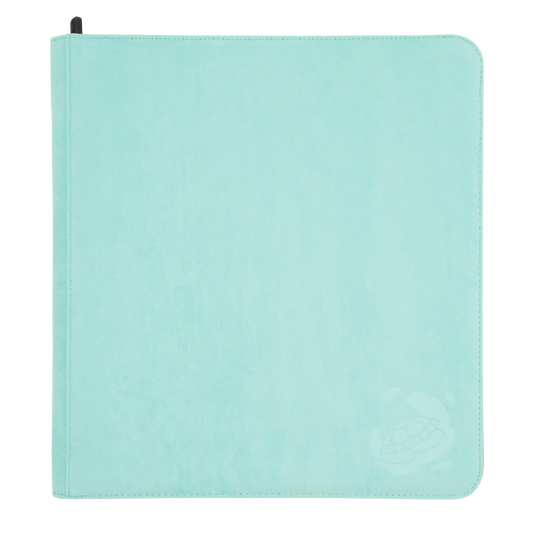 turquoise soft resiplush zip-up album binder with 24 sideloading pockets per page, 4x3 layout, 20 double-sided, black pages, 3 extra mesh pockets for toploaders, magnetic card holders and sleeves and secure zipper for 480 standard and japanese size tcg trading cards