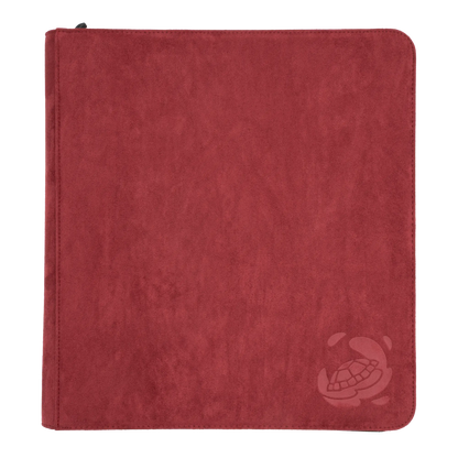 wine red soft resiplush zip-up album binder with 24 sideloading pockets per page, 4x3 layout, 20 double-sided, black pages, 3 extra mesh pockets for toploaders, magnetic card holders and sleeves and secure zipper for 480 standard and japanese size tcg trading cards
