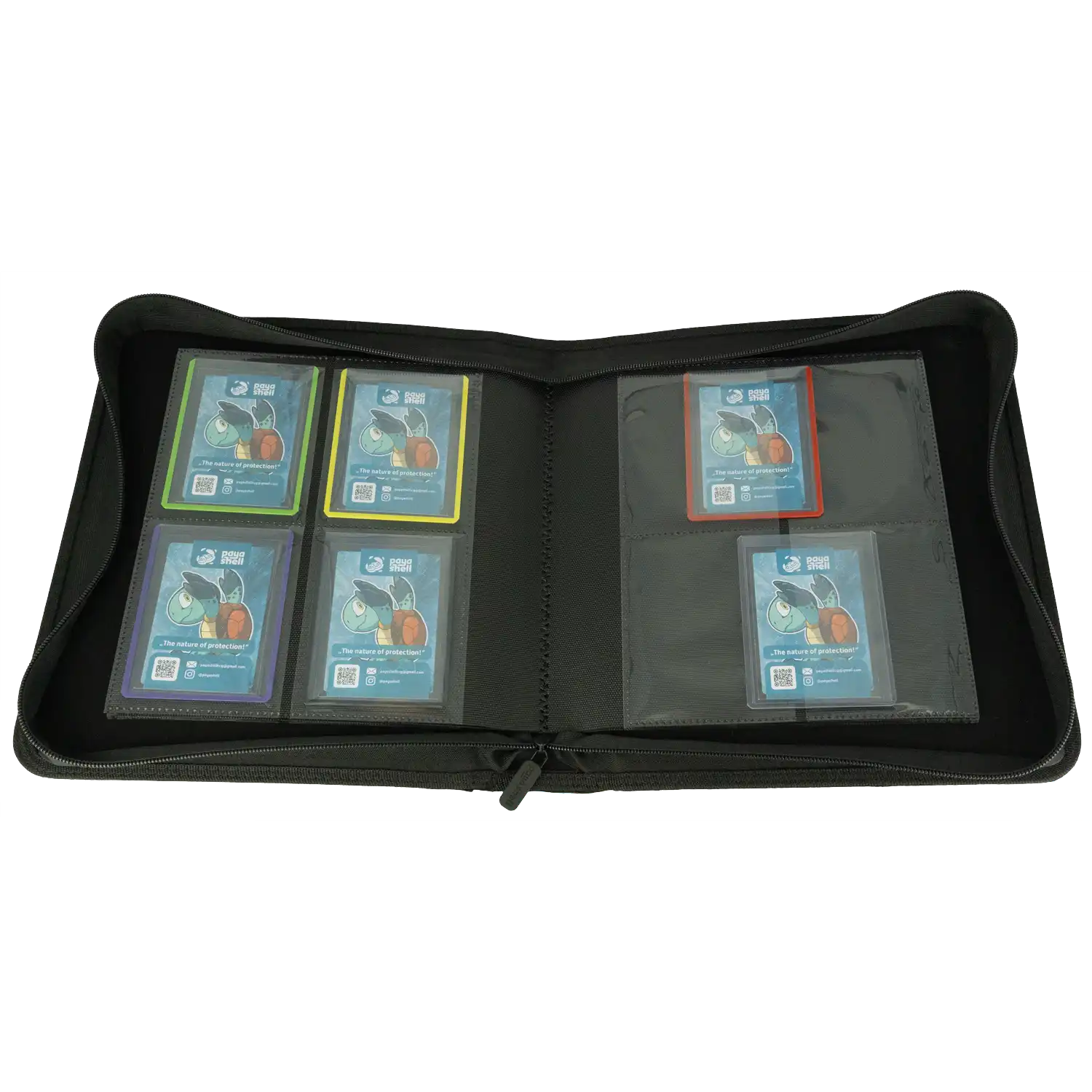 Payashell Resiplush 2x2 TCG Toploader Binder (80 pockets) with plush interior, side-loading design —shown filled for premium card protection.