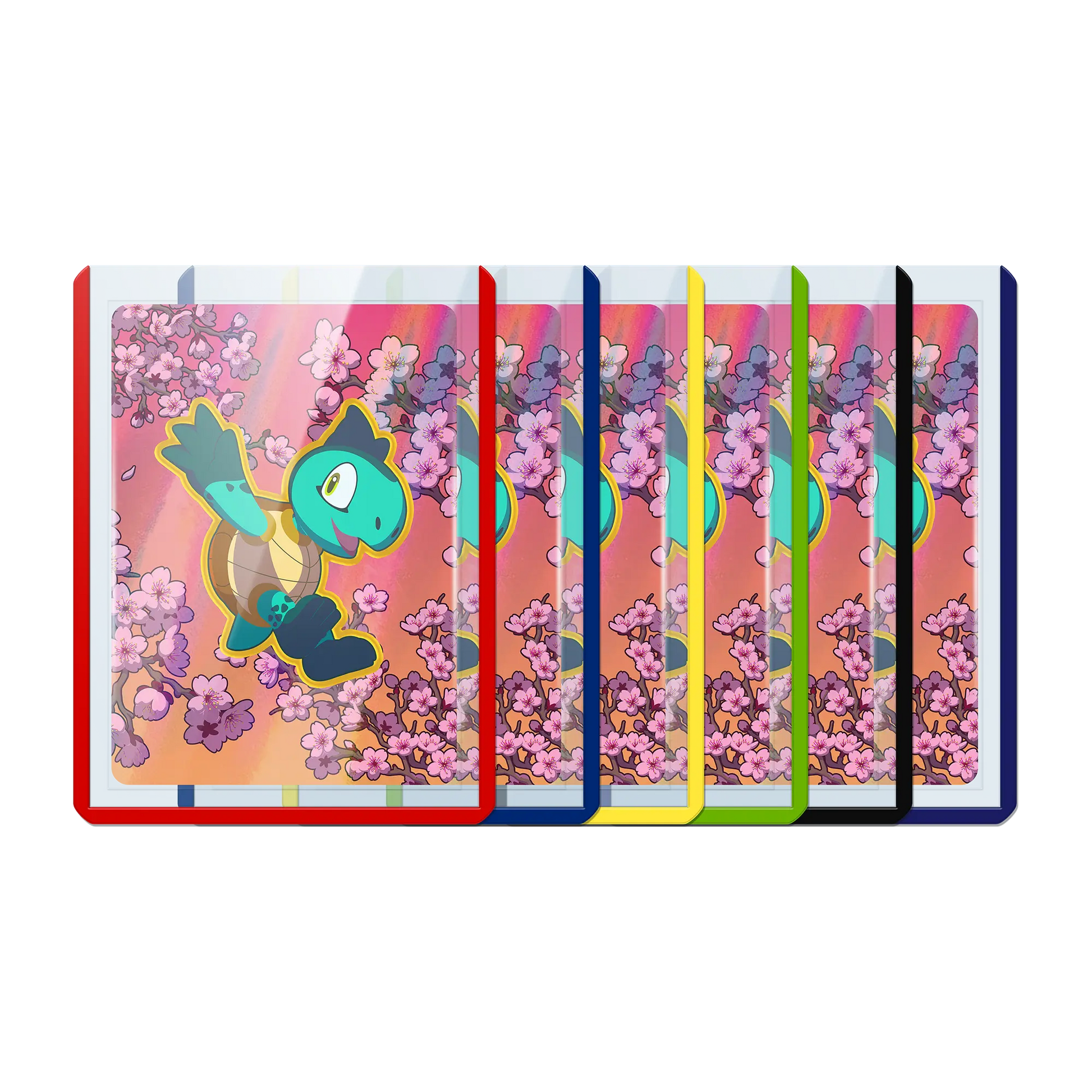 row of clear toploaders with red, blue, yellow, green, black and purple colored borders and 35pt thickness for standard and japanese size tcg trading cards