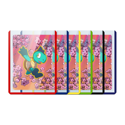 row of clear toploaders with red, blue, yellow, green, black and purple colored borders and 35pt thickness for standard and japanese size tcg trading cards
