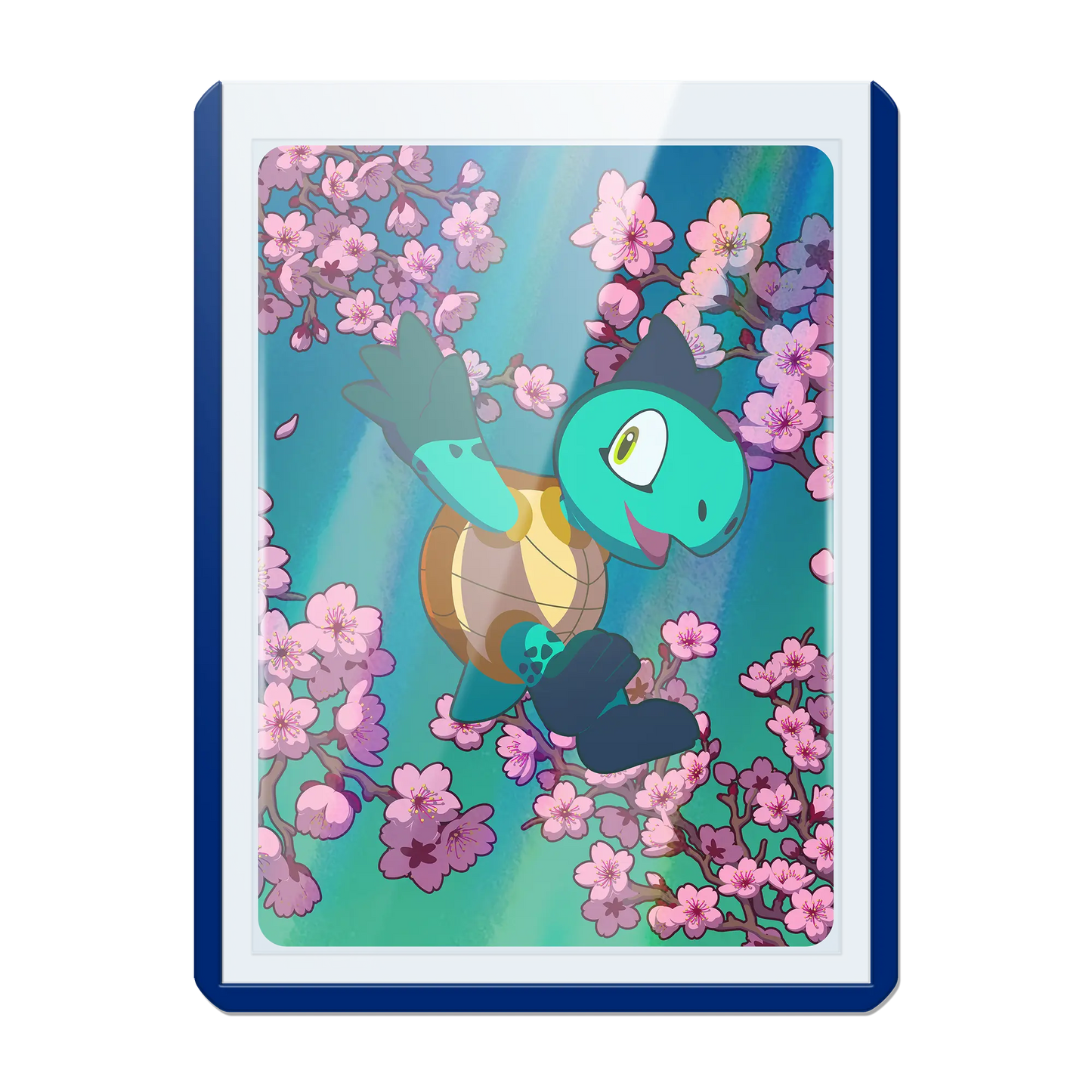 clear toploader with blue colored border and 35pt thickness for standard size japanese size tcg trading cards