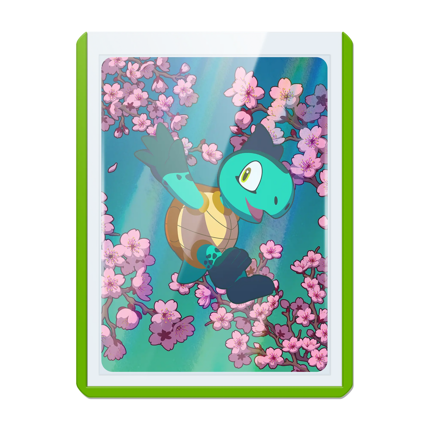 clear toploader with green colored border and 35pt thickness for standard and japanese size tcg trading cards