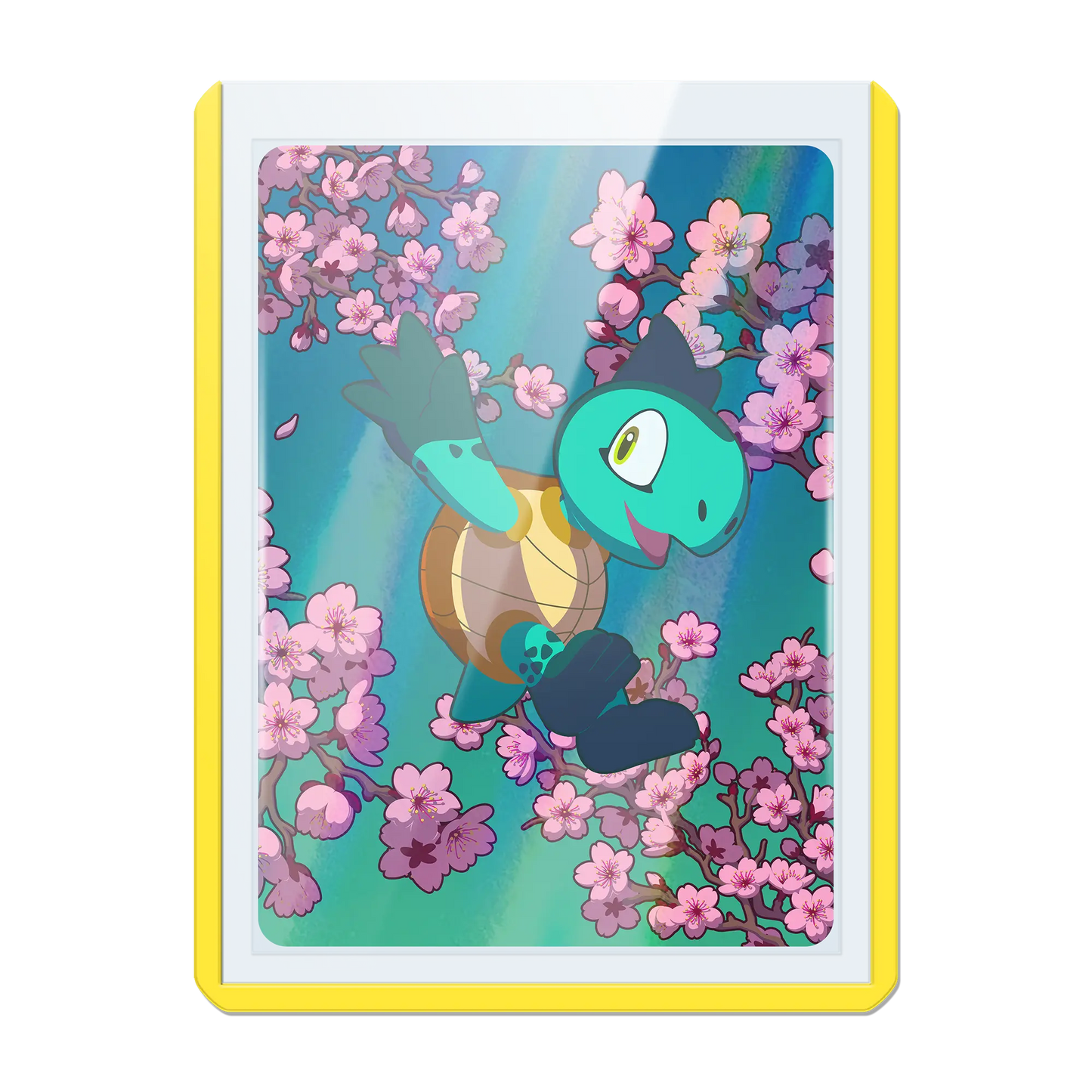 clear toploader with yellow colored border and 35pt thickness for standard and japanese size tcg trading cards