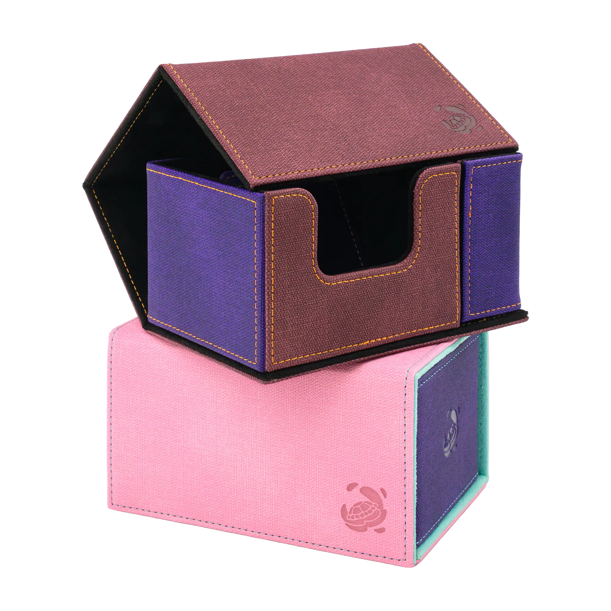 stacked multi-color wine red, purple and black and pastel pink, purple and turquoise dual material resistant denim-like caratex and soft resiplush tourneycove 120+ tournament deck boxes for tcg trading cards, with removable, magnetic compartment for dice, tokens and counters and extra card divider