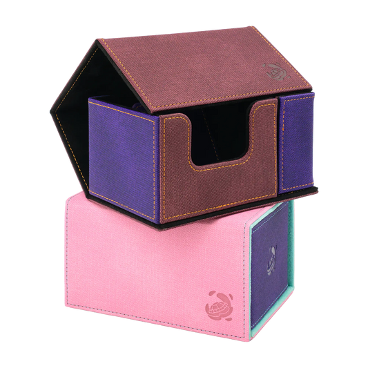 stacked multi-color wine red, purple and black and pastel pink, purple and turquoise dual material resistant denim-like caratex and soft resiplush tourneycove 120+ tournament deck boxes for tcg trading cards, with removable, magnetic compartment for dice, tokens and counters and extra card divider