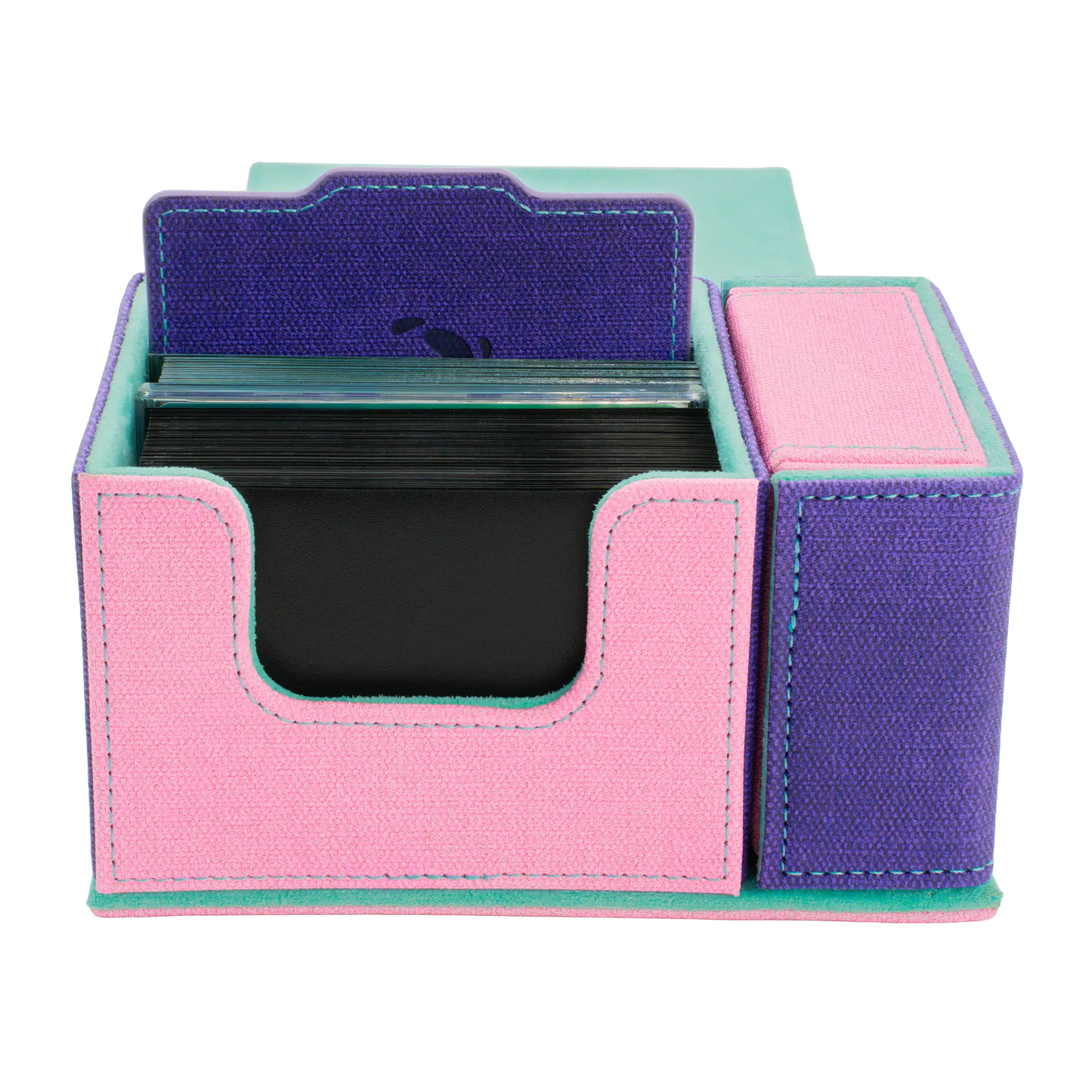 front view of multi-color pastel pink, purple and turquoise dual material resistant denim-like caratex and soft resiplush tourneycove 120+ tournament deck box for tcg trading cards, with removable, magnetic compartment for dice, tokens and counters and extra card divider