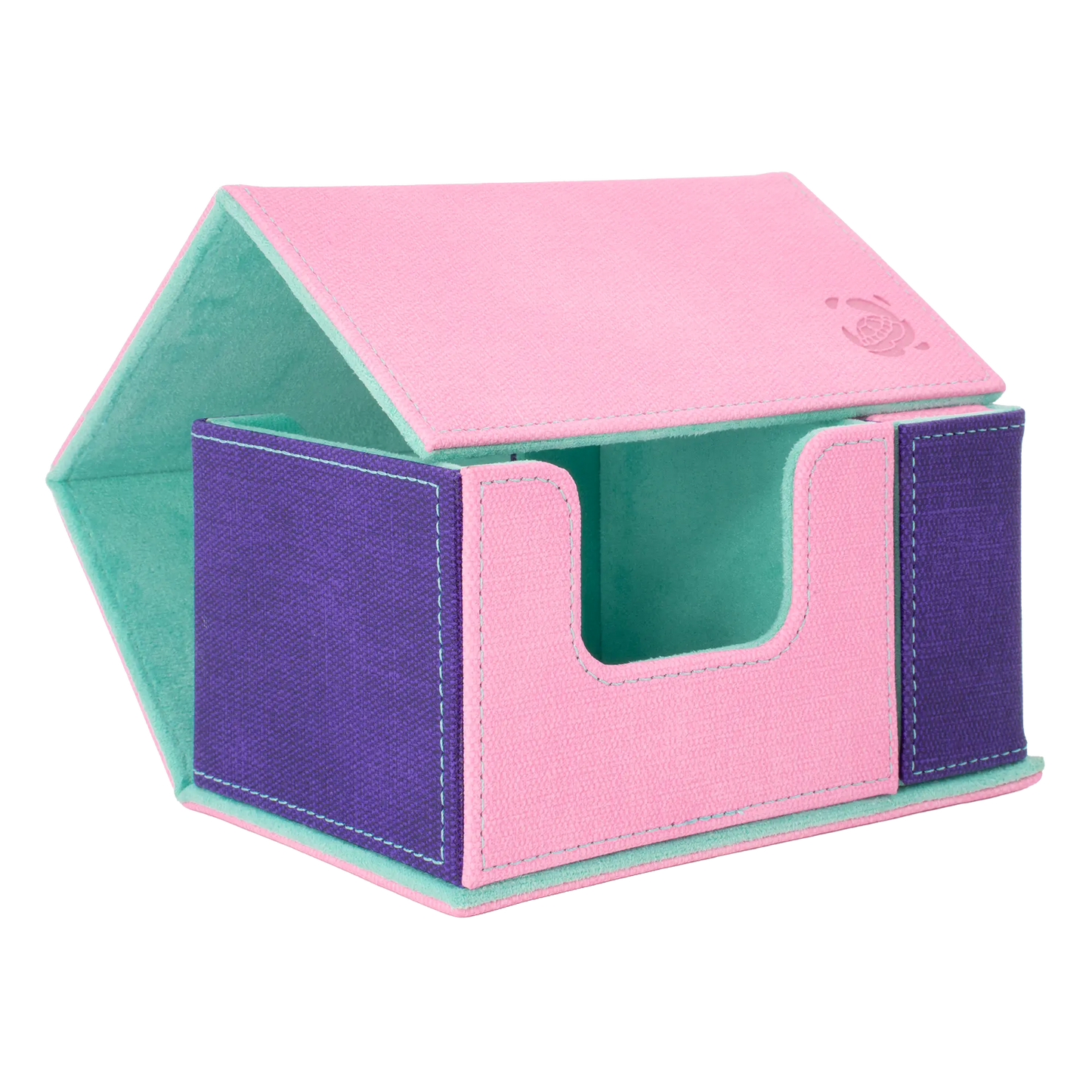 open multi-color pastel pink, purple and turquoise dual material resistant denim-like caratex and soft resiplush tourneycove 120+ tournament deck box for tcg trading cards, with removable, magnetic compartment for dice, tokens and counters and extra card divider