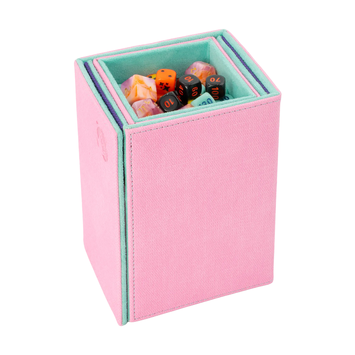 turned view of multi-color pastel pink, purple and turquoise dual material resistant denim-like caratex and soft resiplush tourneycove 120+ tournament deck box for tcg trading cards, with removable, magnetic compartment for dice, tokens and counters and extra card divider