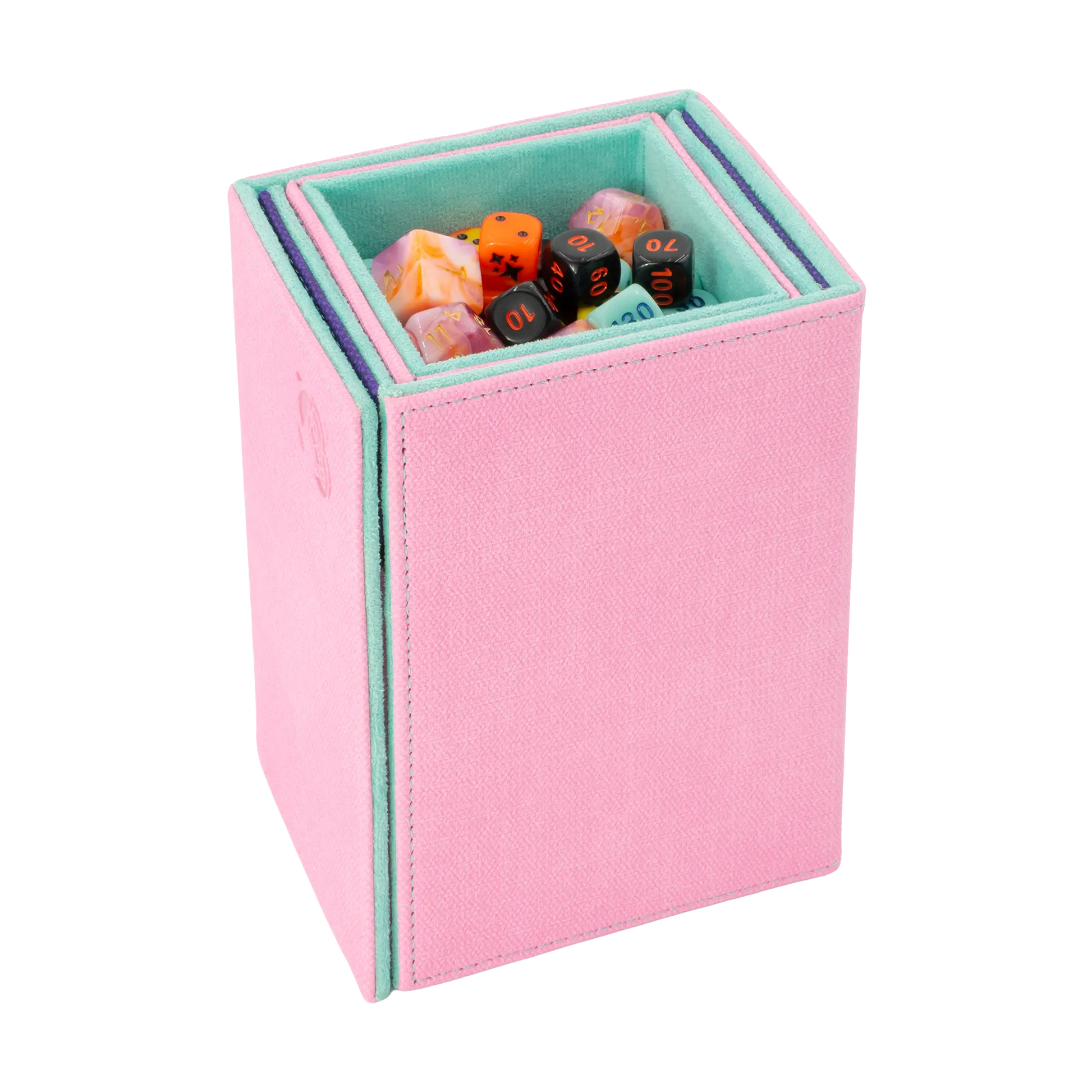 turned view of multi-color pastel pink, purple and turquoise dual material resistant denim-like caratex and soft resiplush tourneycove 120+ tournament deck box for tcg trading cards, with removable, magnetic compartment for dice, tokens and counters and extra card divider