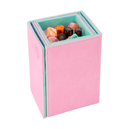 turned view of multi-color pastel pink, purple and turquoise dual material resistant denim-like caratex and soft resiplush tourneycove 120+ tournament deck box for tcg trading cards, with removable, magnetic compartment for dice, tokens and counters and extra card divider
