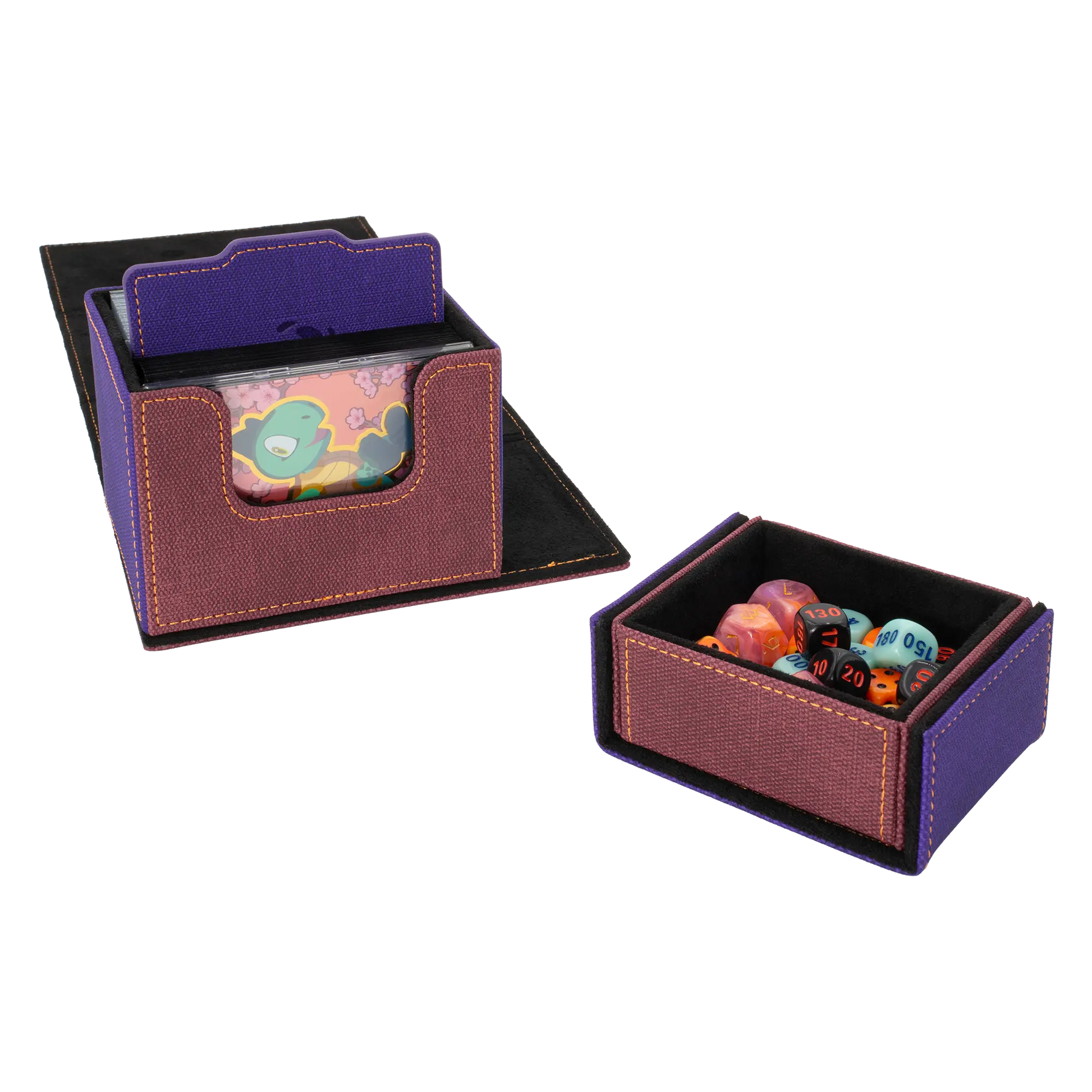 overview of multi-color wine red, purple and black dual material resistant denim-like caratex and soft resiplush tourneycove 120+ tournament deck box for tcg trading cards, with removable, magnetic compartment for dice, tokens and counters and extra card divider