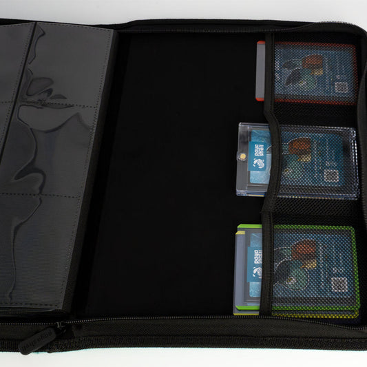 filled mesh pockets of zip-up album binder with 18 sideloading pockets per page, 3x3 layout, 20 double-sided, black pages, 3 extra mesh pockets for toploaders, magnetic card holders and sleeves and secure zipper for 360 standard and japanese size tcg trading cards